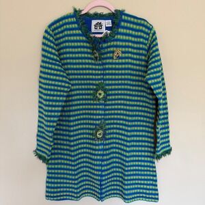 VTG Storybook Knits Peacock Theme Long Cardigan L Blue/Green Embellished NWT